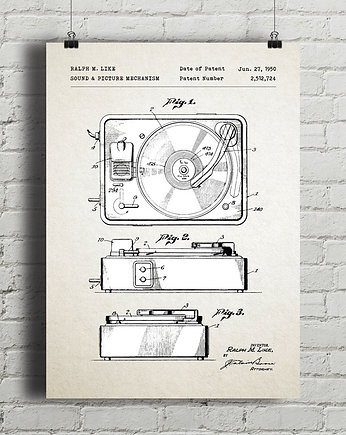 Gramofon - patent - plakat vintage, minimalmill