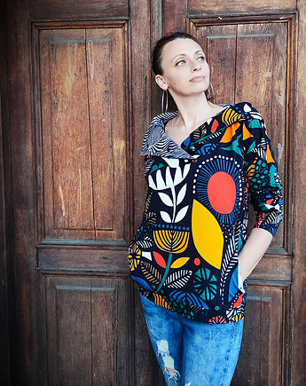 African Batic bluza oversize patchwork z kapturem, agagu