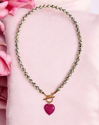 Jaspis dalmatyński i serce : fuksja : naszyjnik, kaktusia