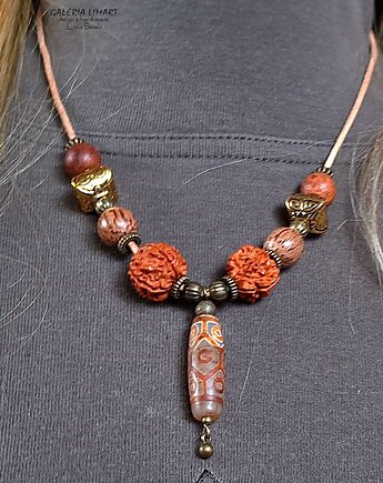 Agat DZI i rudraksha w niezwykłym etnicznym naszyjniku unikat handmade UNISEX, Galeria Limart