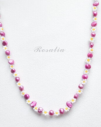 Naszyjnik Rosalia, biżuteria z pereł słodkowodnych i koralików, kwiaty biżuteria