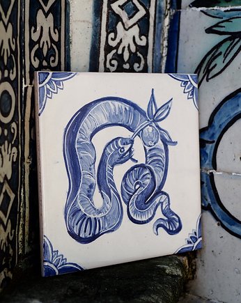 Kafelek ręcznie malowany z wężem, niebieski, azulkafelki