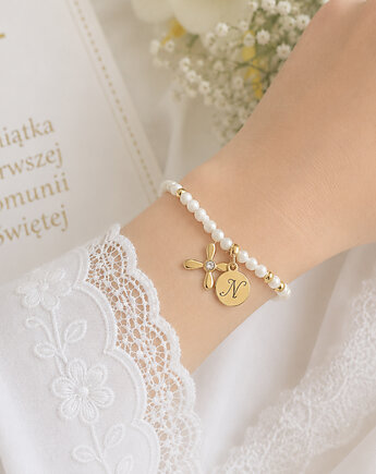Bransoletka na komunię z literką i krzyżykiem-  prezent  KOMUNIA, Anemon Atelier