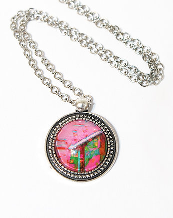 Naszyjnik, medalion - Kolorowy - różowy, zielony