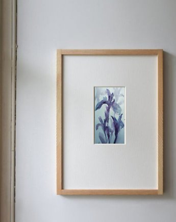 Akwarela Kwiaty oryginalny obraz niebieski papier 10,5x22 cm, Kwitnace