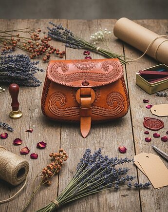 Torebka skórzana ręcznie robiona góralska Abril wzory zakopane, SempreArte