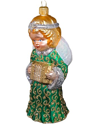 Ręcznie malowana szklana bombka aniołek z akordeonem w zielonej sukni, STARGLASS