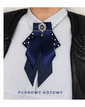 Brosza/ Krawat  granatowa z kropkami, Pudrowy Różowy