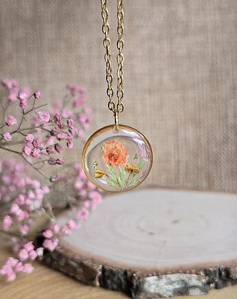 Łąka kwiatowa pomarańczowa Złota zawieszka złoty wisiorek kwiaty fioletowa, zkwiatem