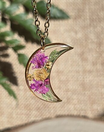 Złoty wisiorek złota zawieszka księżyc suszone kwiaty, zkwiatem