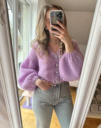 Moherowy kardigan mgiełka  z ozdobnymi biżuteryjnymi guzikami handmade, GANGSTA KNIT