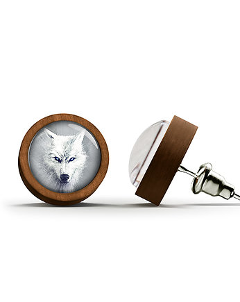 Kolczyki drewniane - Biały wilk - sztyfty, yenoo