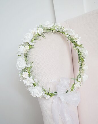 Delikatny Wianek komunijny jak żywy biel, ivory , zieleń,, Petite Dame