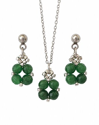 Komplet Biżuterii Jadeit Ciemnozielony - Kolczyki Sztyfty i Naszyjnik, STAGHORN