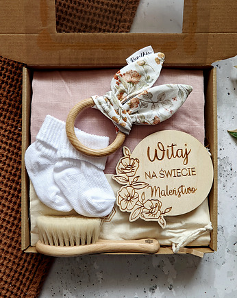 Pudełko prezentowe dla niemowlaka, gryzak z uszkami, Dary Rusałki