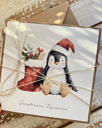 Kartka świąteczna ręcznie robiona na Boże Narodzenie z pingwinkiem 1, sorte