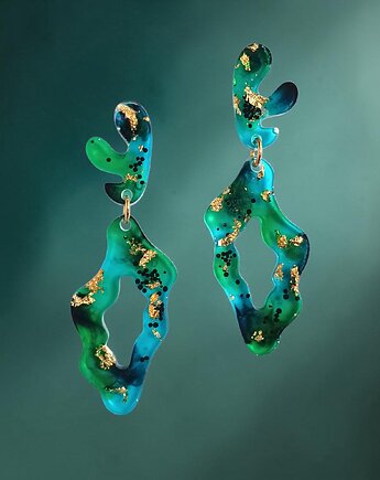 UNIKATOWE kolczyki z żywicy : DUŻE : zielono - turkusowe, kaktusia