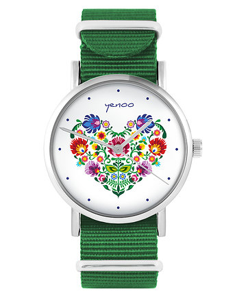 Zegarek - Serce folkowe - zielony, nylonowy, OSOBY - Prezent dla męża