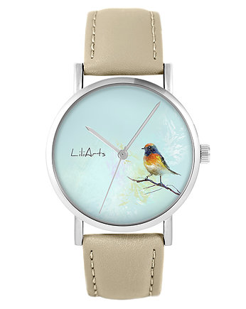 Zegarek yenoo - Kolorowy ptak - skórzany, beżowy, OSOBY - Prezent dla niego
