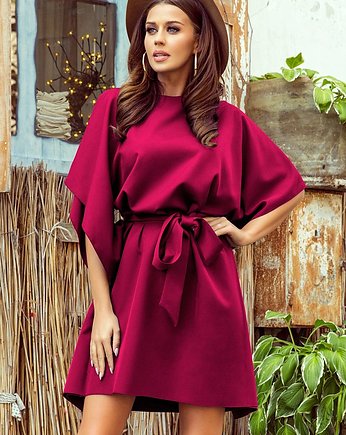 287-18 SOFIA Sukienka motyl z wiązaniem w pasie - BORDOWA, NUMOCO