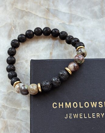 Bransoletka męska Agat kwiatowy i Lawa wulkaniczna, Chmolowska Jewellery