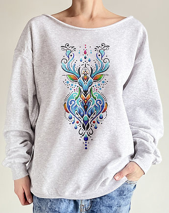 Jeleń boho nordycki Szara bluza cięta, ONE MUG A DAY