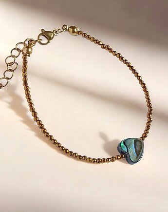 Bransoletka z serduszkiem : muszla PAUA, hematyt złoty, kaktusia