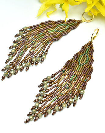 Foghar II, brązowo-zielone "indiańskie" kolczyki, beading, Sol