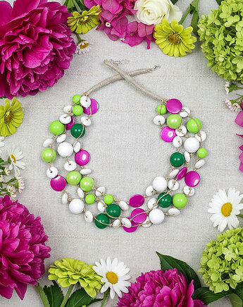 6446 lniany, biały, zielony, różowy naszyjnik, kama4you