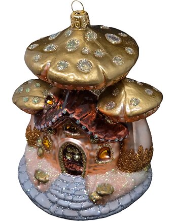 Ręcznie malowana bombka szklana złoty muchomorowy domek, STARGLASS