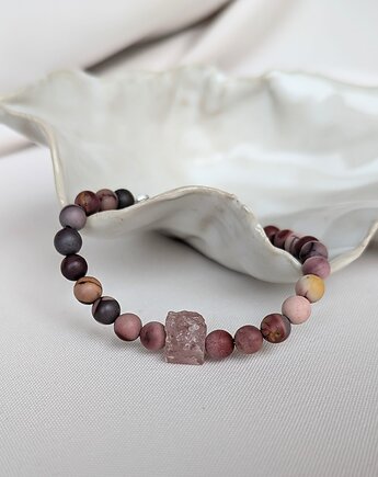 Mokait i surowy kwarc truskawkowy - srebrna bransoletka, Moui