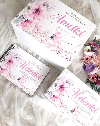 Zestaw komunijny RÓŻOWE KWIATY personalizowany, prezent, pamiątka Komunii,, LOO LOO DREAM