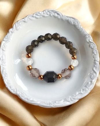 OCHRONA : pierścionek II - turmalin, obsydian, kwarc dymny, kryształ górski, kaktusia