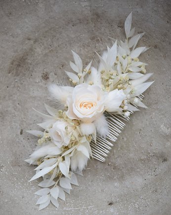 Biały,  grzebyk do włosów z suszonych i stabilizowanych kwiatów, Projekt wianki