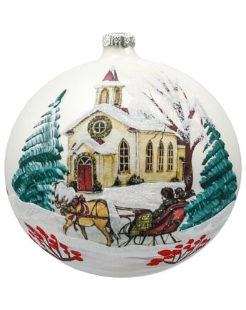 Bombka okrągła: Ośnieżony Kościółek z saniami, Syn Bombkarza