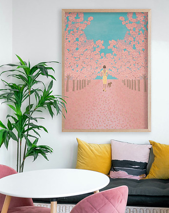 Plakat - Kwitnące wiśnie - spacer z psem, minimalmill