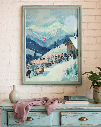 Schronisko w górach - zimowy plakat z góram, minimalmill