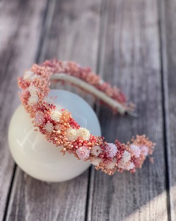 Opaska na włosy z naturalnych suszonych kwiatów, ślubna, pudrowy róż, Rosa