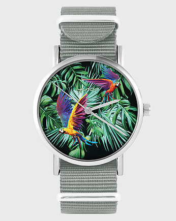Zegarek - Papugi, tropikalny - szary, palmy, OSOBY - Prezent dla teścia