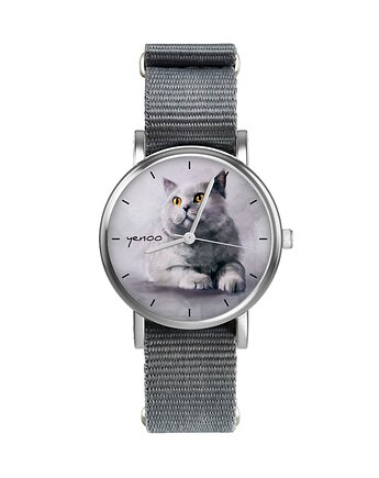 Zegarek  mały - Kot brytyjski - nylonowy, szary, yenoo
