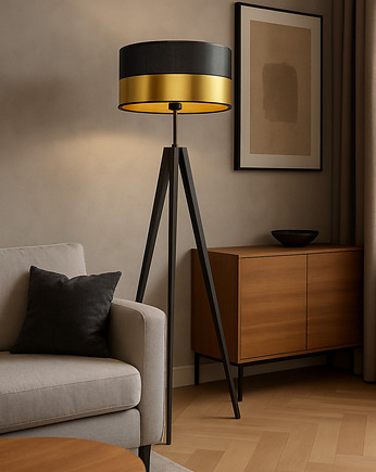 Piękna lampa podłogowa do salonu na trójnogu drewnianym HAITI GLAM, LYSNE