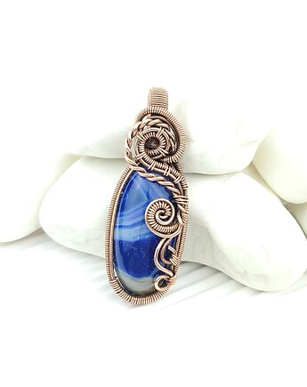 Wisiorek z niebieskim agatem wire wrapping, Blue Pearl Art