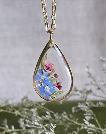 Złoty wisiorek prawdziwe kwiaty zawieszka łezka łza niezapominajki