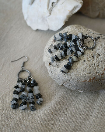 Długie kolczyki czarno-białe z turmalinem i kryształem górskim, VZORKO