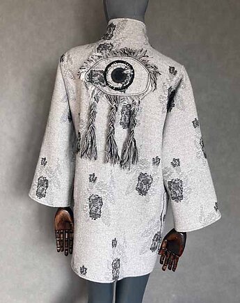 Kimono wełna w ciapki oko z frędzlami na plecach., PinPin