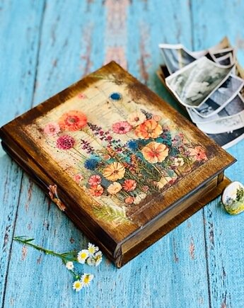 Dekoracyjny kufer książka z kwiatami, idealny na prezent, Monique Art