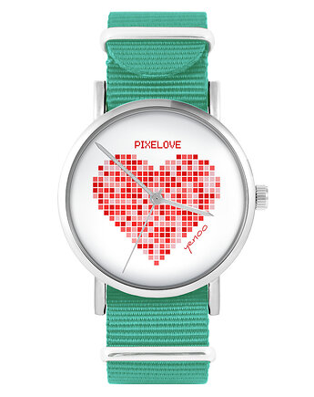 Zegarek -  Serce pikselowe - turkusowy, nylonowy