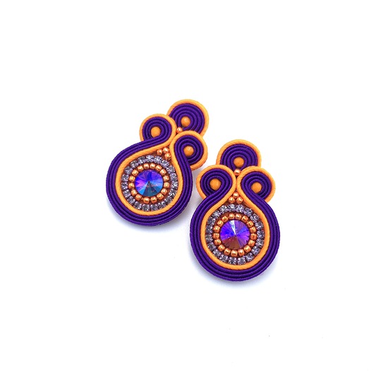 kolczyki soutache Kolczyki sutasz sztyfty pomarańczowo fioletowe z kryształkami Gracia
