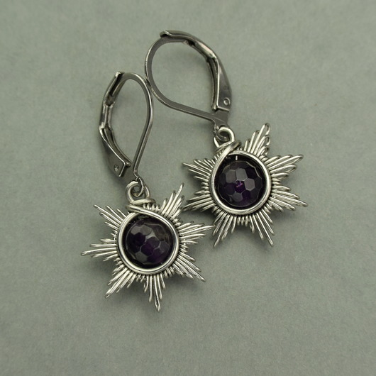 kolczyki wire wrapping Małe kolczyki słoneczka fioletowy ametyst wire wrapping słońce gwiazdka