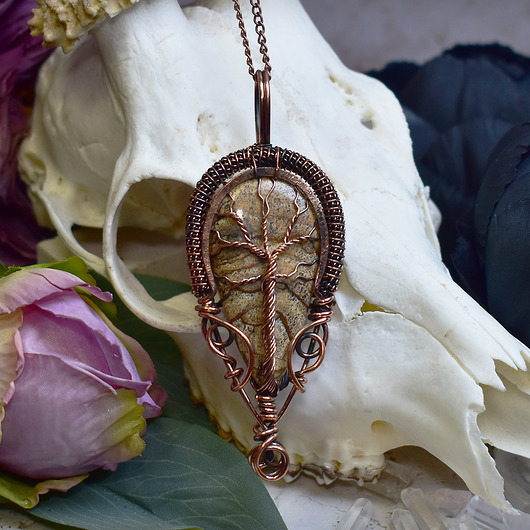 wisiory Miedziany wisiorek wire wrapping z jaspisem obrazkowym - drzewo życia